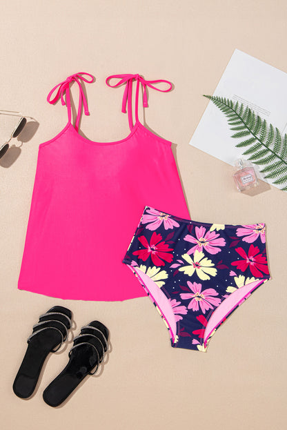 Rose Red Tie Shoulder Floral Print Cute Tankini Set (Extended Sizes)