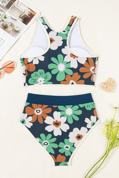 Blue Flower Zip up Racerback High Waisted Bikini (Extended Sizes)