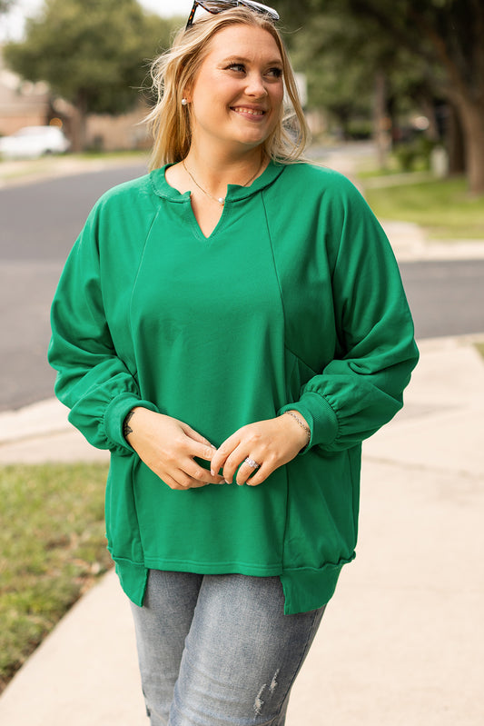 Bright Green Exposed Seam Notched Neck Drop Shoulder Sweatshirt