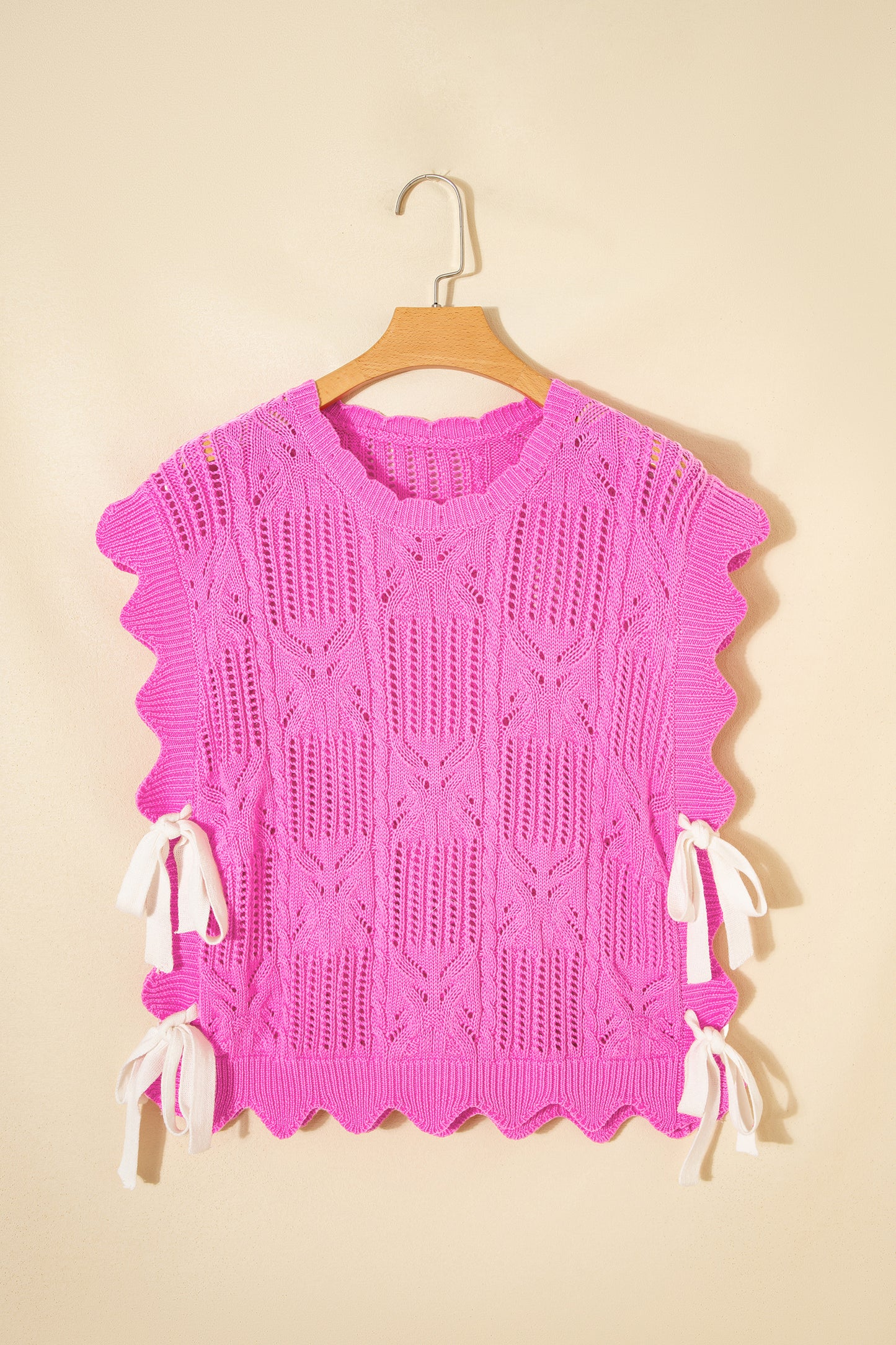 Bonbon Pointelle Knit Patterned Scalloped Trim Short Sleeve Sweater (Other Colors)