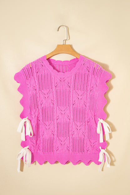 Bonbon Pointelle Knit Patterned Scalloped Trim Short Sleeve Sweater (Other Colors)