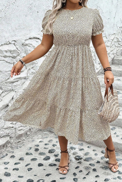 Beige Leopard Print Frill Trim Short Sleeve Flared Dress
