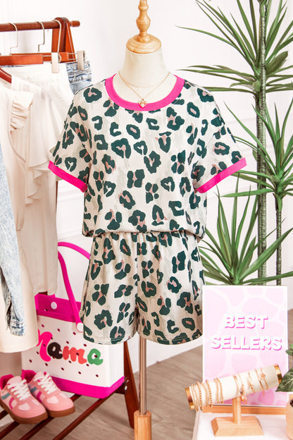 Leopard Print Contrast Trim Top Loose 2pcs Short Set