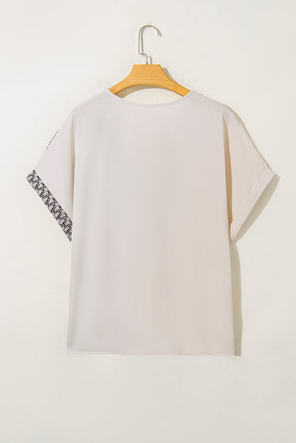 Oatmeal Contrast Geometric Print Patchwork V Neck Short Sleeve Top