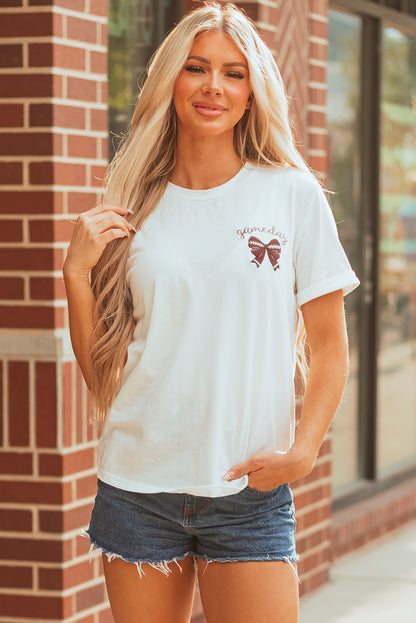 White Game Day Bowknot Embroidered Graphic Casual Tee (Extended Sizes)
