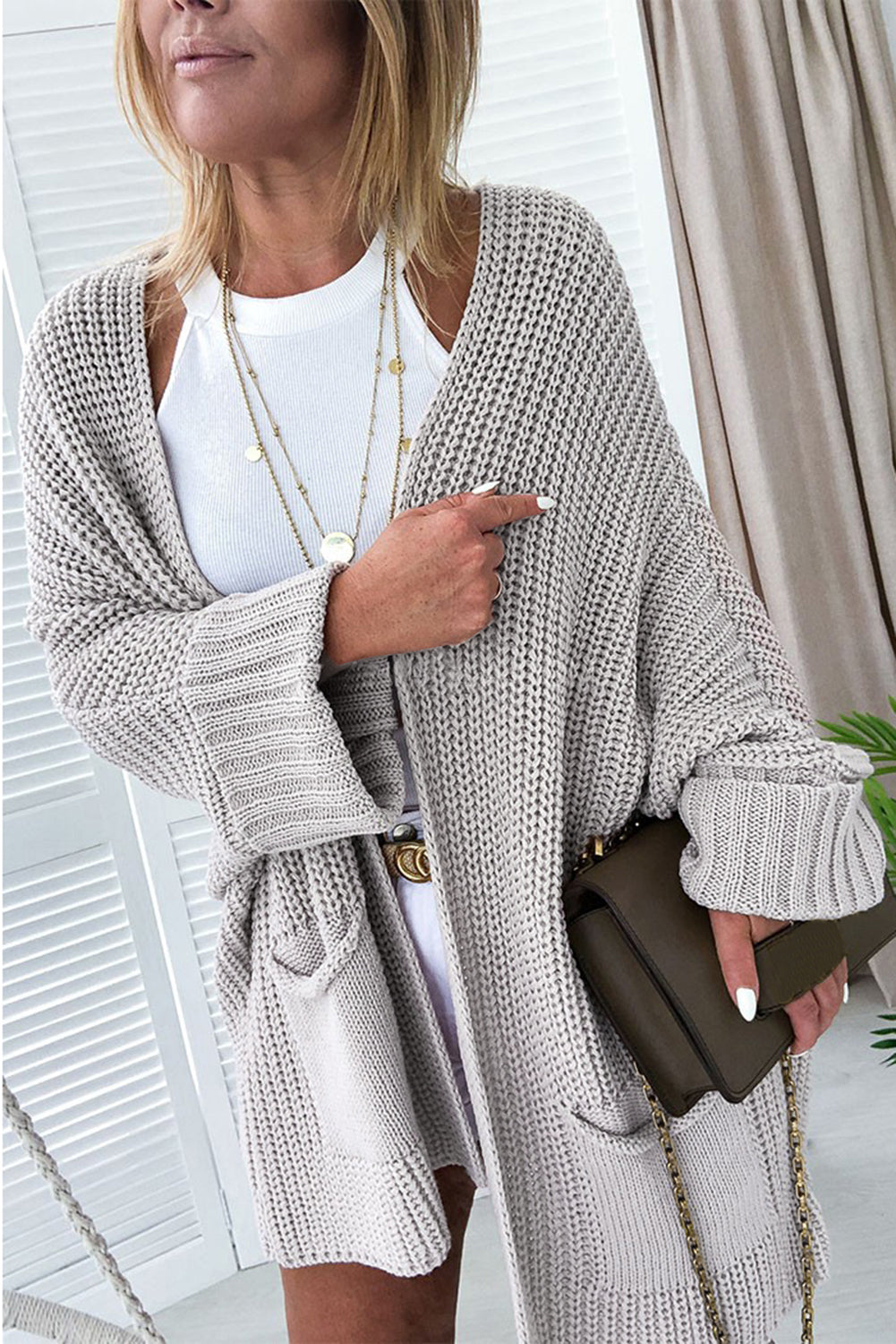 Gray Oversized Fold Over Sleeve Open Front Cardigan (Extended Sizes)