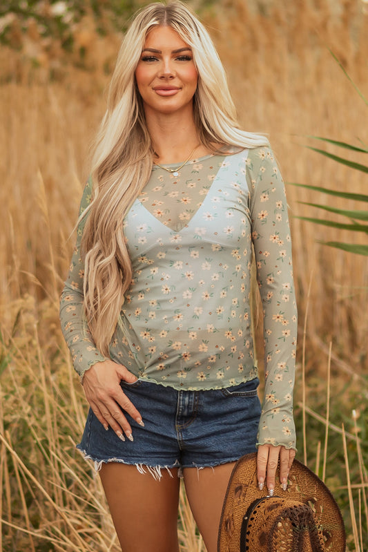 Vintage Floral Print Southern Style Mesh Long Sleeve Top (Other Colors)
