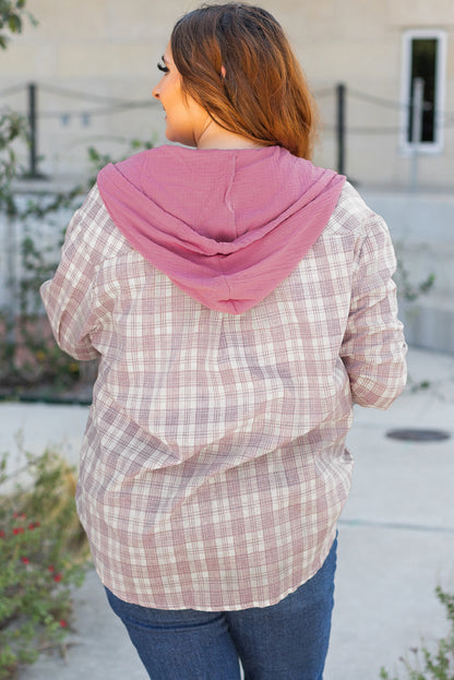 Bonbon Plaid Print Drawstring Hooded Button-up Shirt