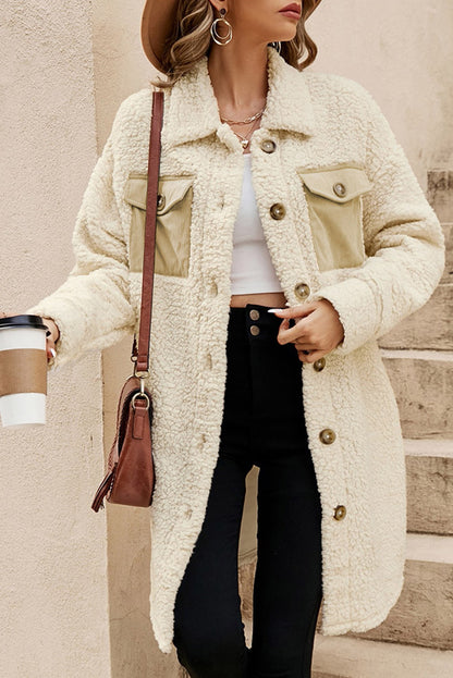 Beige Contrast Flap Pocket Single Breasted Teddy Coat (Extended Sizes)