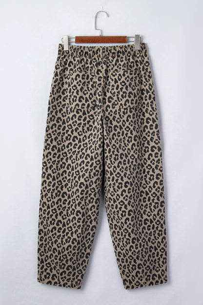 Khaki Leopard Print Drawstring Elastic Waist Loose Denim Pants