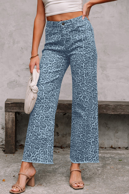 Leopard Frayed Edge Wide Leg High Waist Jeans (Other Colors)
