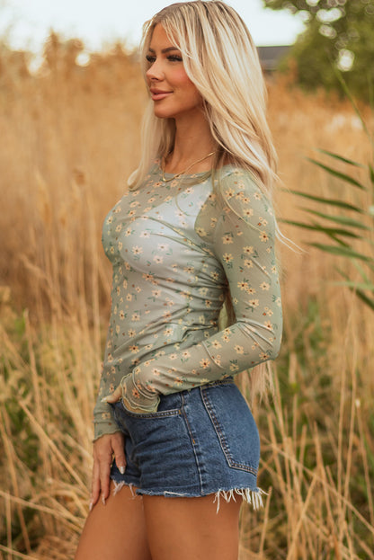 Vintage Floral Print Southern Style Mesh Long Sleeve Top (Other Colors)