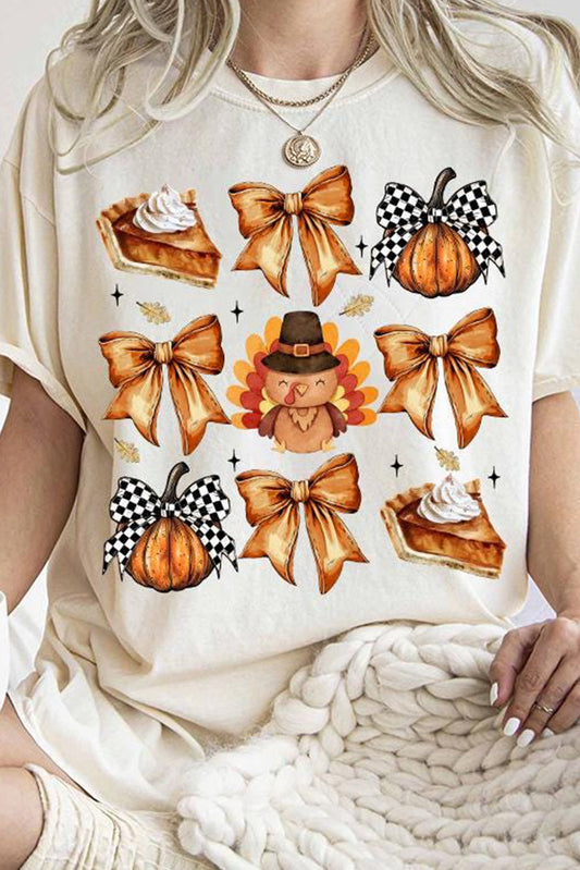 White Cute Bowknot Tanksgiving Graphic Crewneck T Shirt (Extended Sizes)