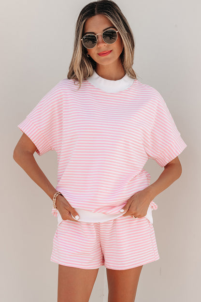 Stripe Cuffed Sleeve Contrast Mock Neck Tee Casual 2pcs Short Set (Other Colors)