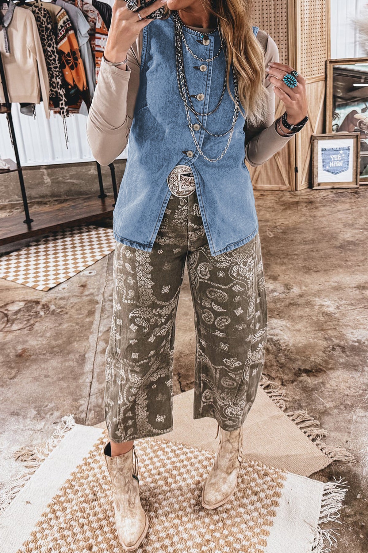 Buttoned Front Slit Denim Vest