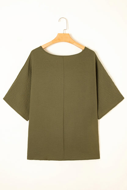 Four Leaf Clover Textured Half Sleeve V Neck T Shirt with Chest Pocket