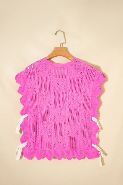 Bonbon Pointelle Knit Patterned Scalloped Trim Short Sleeve Sweater (Other Colors)