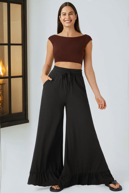 Ruffled Wide Leg Pull On High Waist Pants with Pockets (Other Colors)(Extended Sizes)