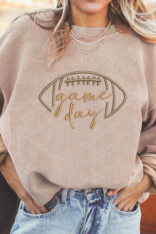 Apricot Rugby Game Day Embroidered Corduroy Sweatshirt (Extended Sizes)