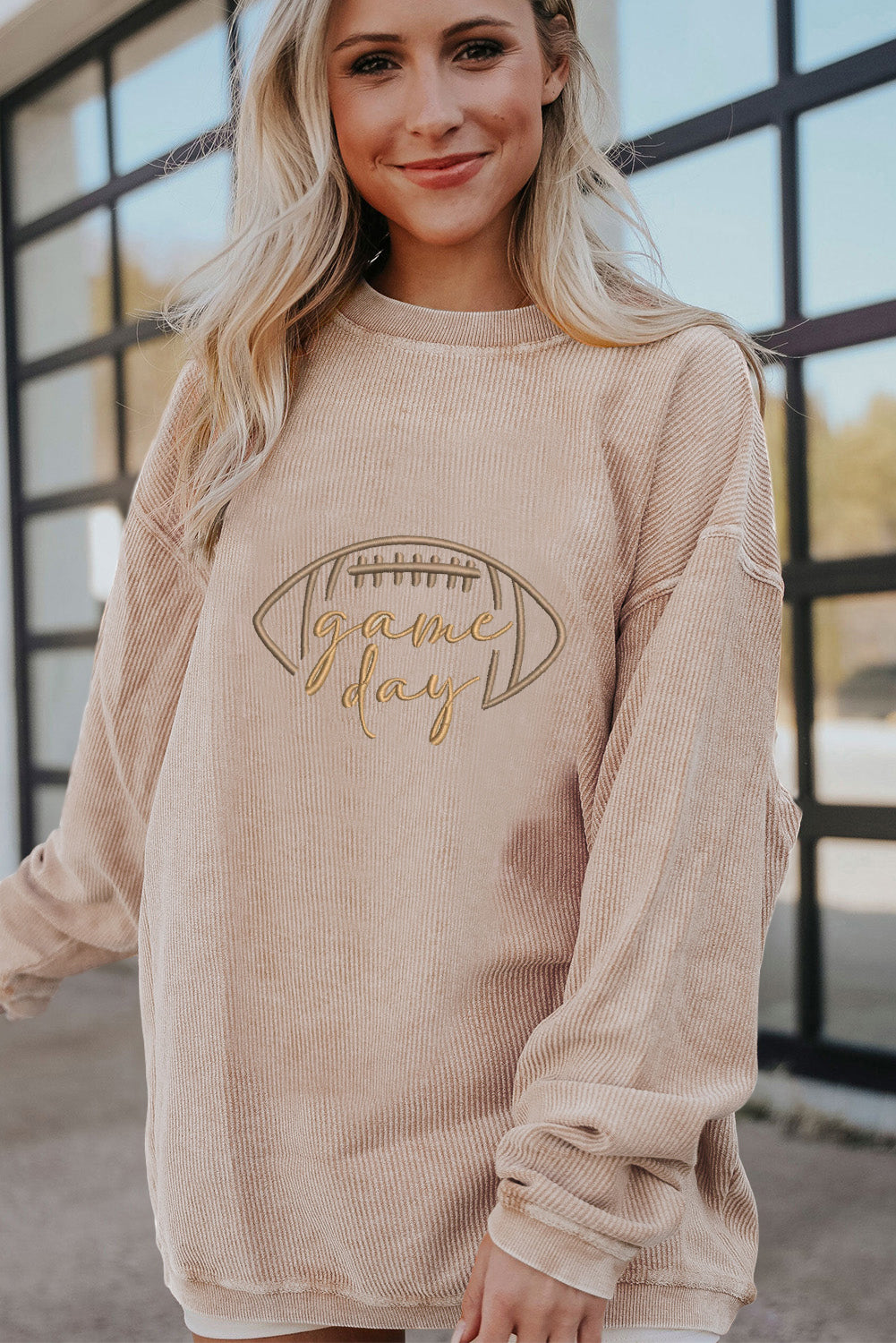 Apricot Rugby Game Day Embroidered Corduroy Sweatshirt (Extended Sizes)