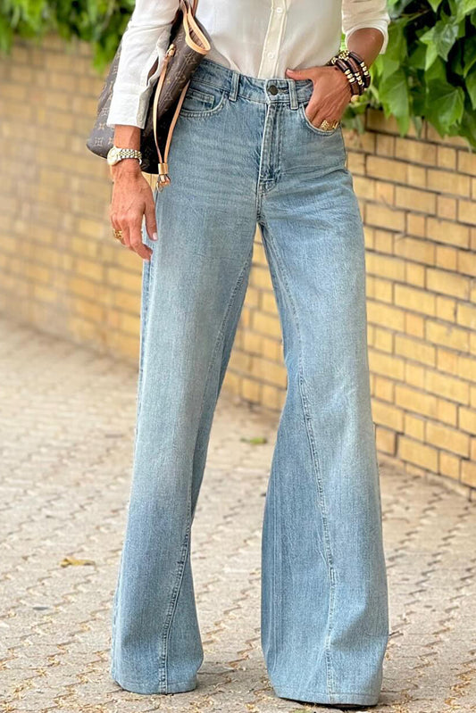 Dusk Blue Acid Wash Extra Wide Leg High Waist Long Jeans (Extended Sizes)