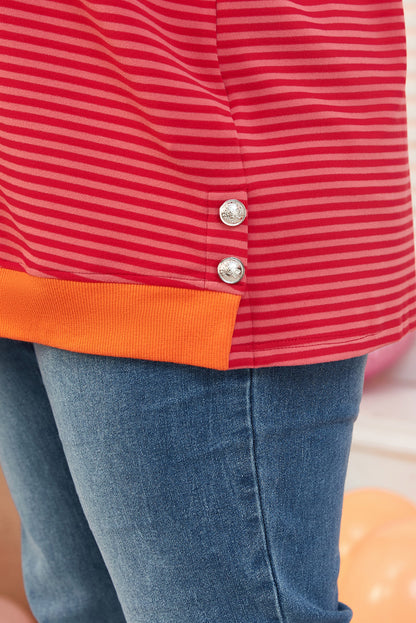 Orange Stripe Drop Shoulder Long Sleeve Buttoned Decor Top