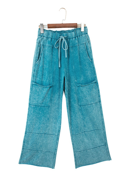 Mineral Wash Lace-up High Waist Raw Hem Patched Pocket Pants