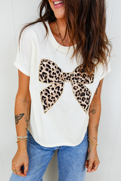 Leopard Bow Embroidered Cotton Round Neck T Shirt (Other Colors)