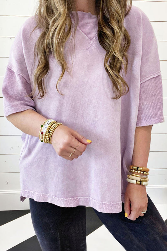 Orchid Petal Mineral Wash Drop Sleeve Patchwork Tee