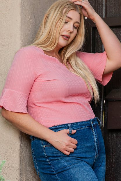 Peach Blossom Ruffled Half Sleeve V Neck Textured Top