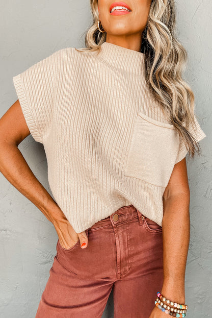 Oatmeal Patch Pocket Ribbed Knit Short Sleeve Sweater (Extended Sizes)