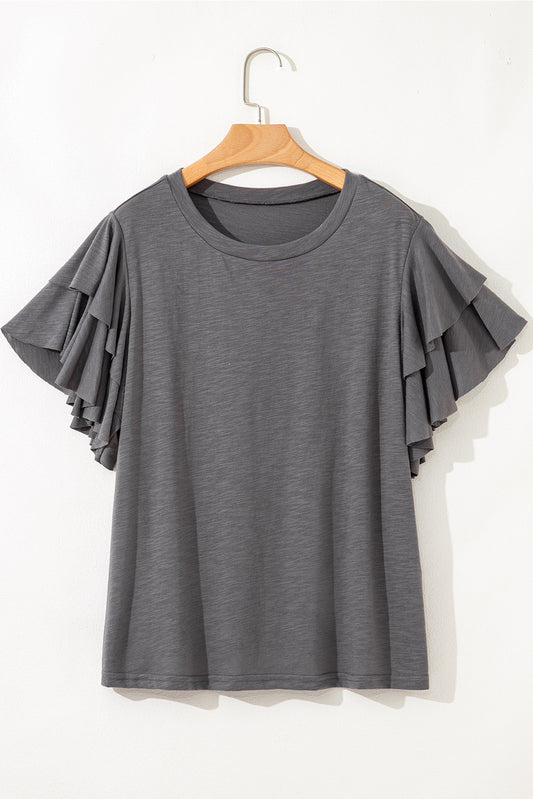 Dark Grey Double Ruffled Short Sleeve Top