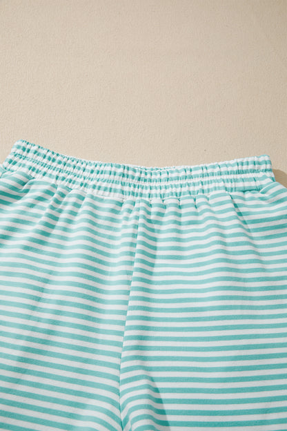 Stripe Cuffed Sleeve Contrast Mock Neck Tee Casual 2pcs Short Set (Other Colors)