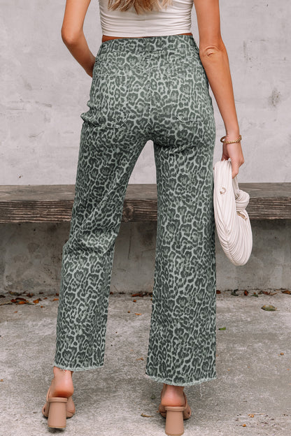 Leopard Frayed Edge Wide Leg High Waist Jeans (Other Colors)