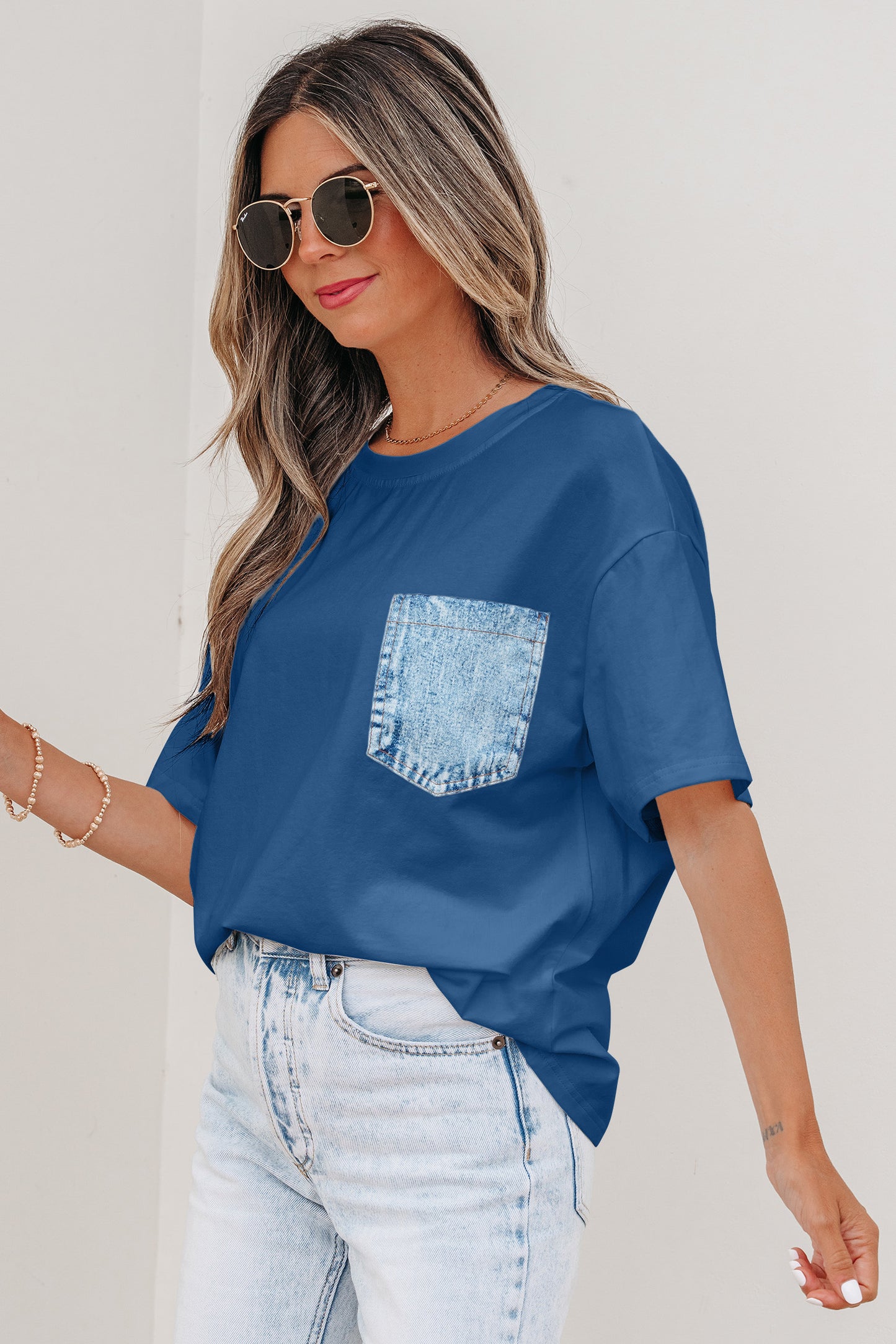 Color Block Chest Pocket Patched Casual Short Sleeve Top (Other Color)