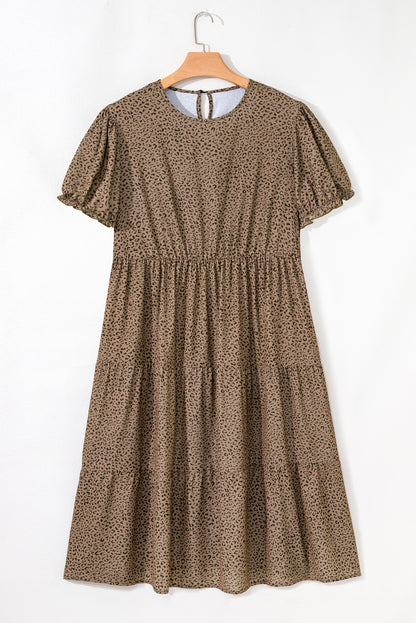 Brown Leopard Print Frill Trim Short Sleeve Flared Dress