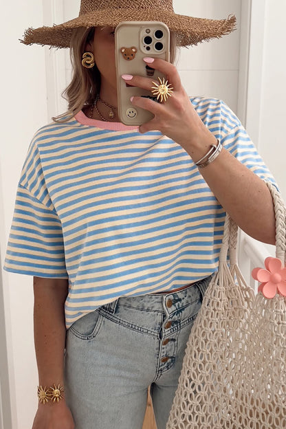 Stripe Contrast Crew Neck Drop Shoulder Loose Tee (Other Colors)