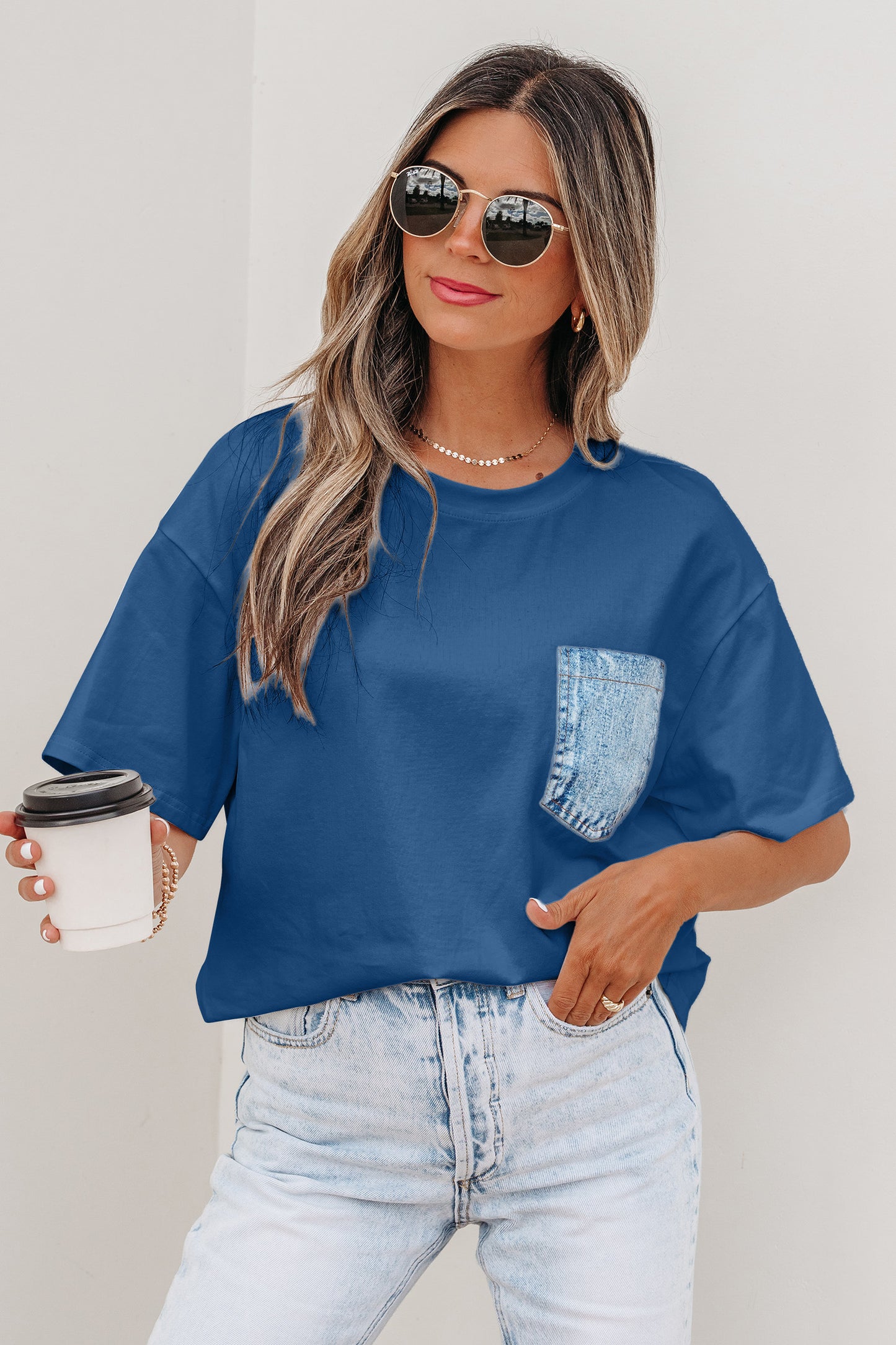 Color Block Chest Pocket Patched Casual Short Sleeve Top (Other Color)