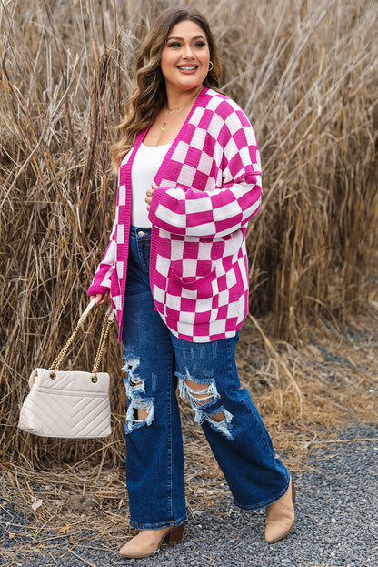 Bonbon Checkered Pattern Open Front Cardigan