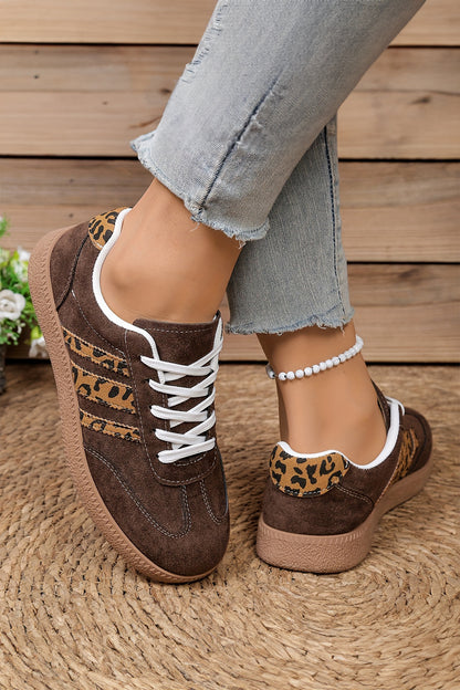 Coffee Contrast Lace-up Leopard Patchwork Details Shoes