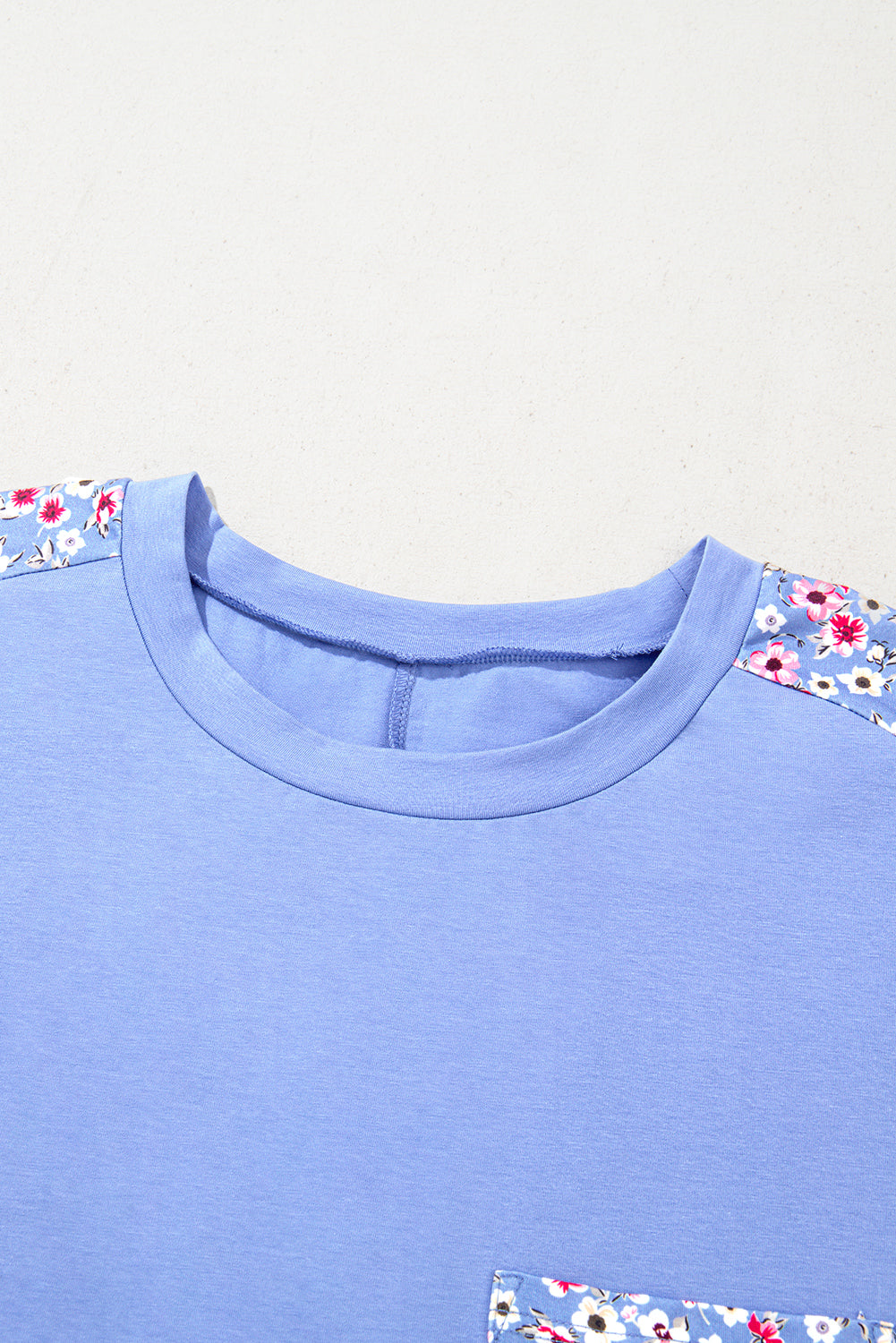 Sky Blue Floral Patchwork Chest Pocket Crewneck T Shirt