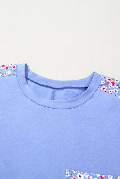 Sky Blue Floral Patchwork Chest Pocket Crewneck T Shirt