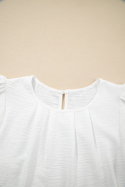 White Flounce Sleeve Pleated Textured Blouse (Extended Sizes)