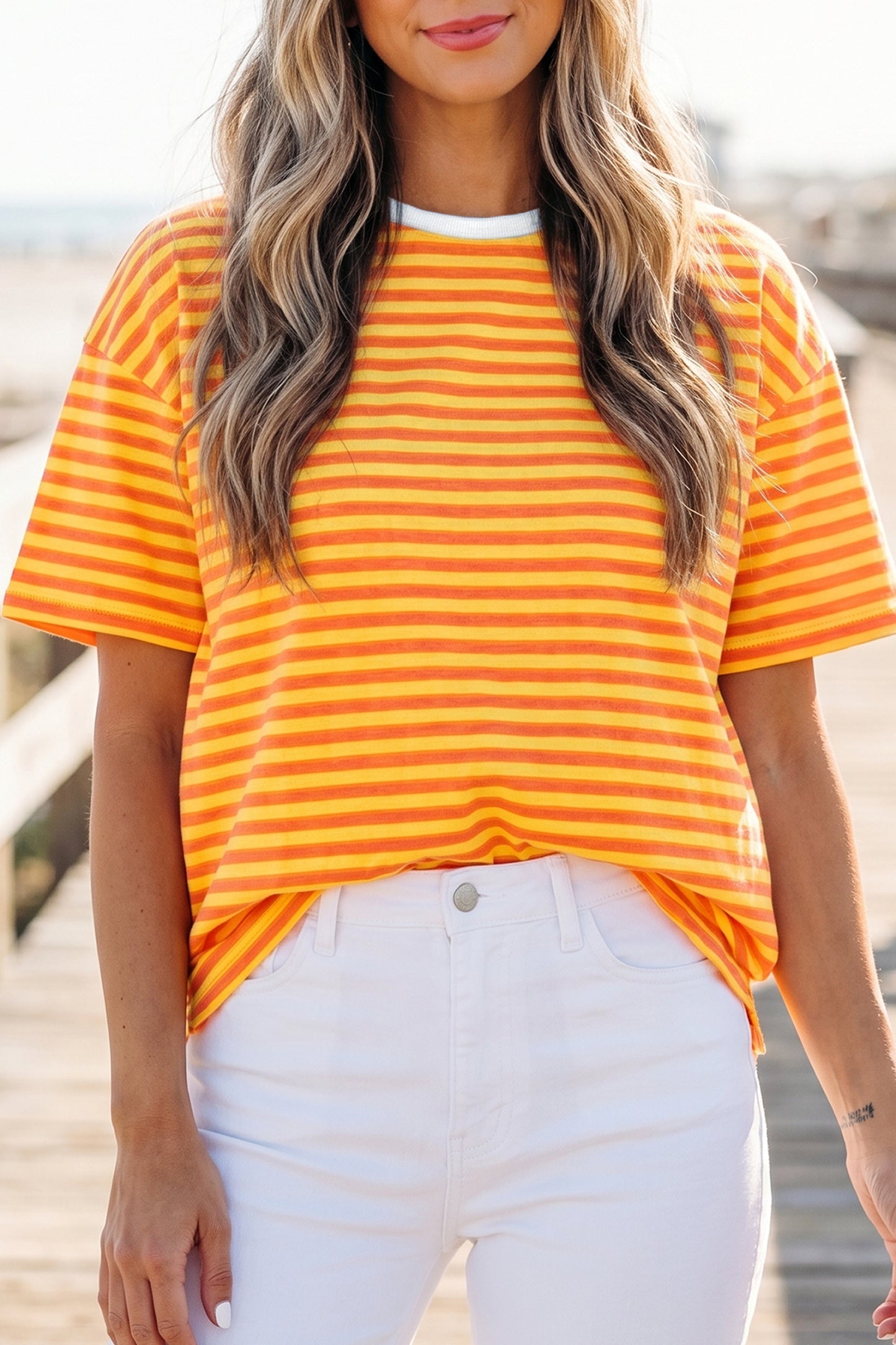 Stripe Contrast Crew Neck Drop Shoulder Loose Tee (Other Colors)