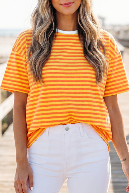 Stripe Contrast Crew Neck Drop Shoulder Loose Tee (Other Colors)