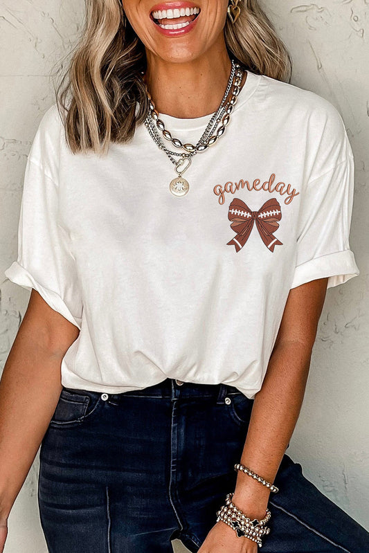 White Game Day Bowknot Embroidered Graphic Casual Tee (Extended Sizes)