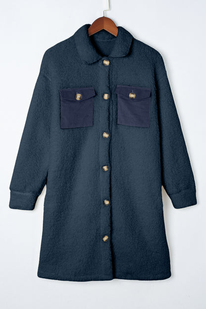 Blue Contrast Flap Pocket Single Breasted Teddy Coat (Extended Sizes)