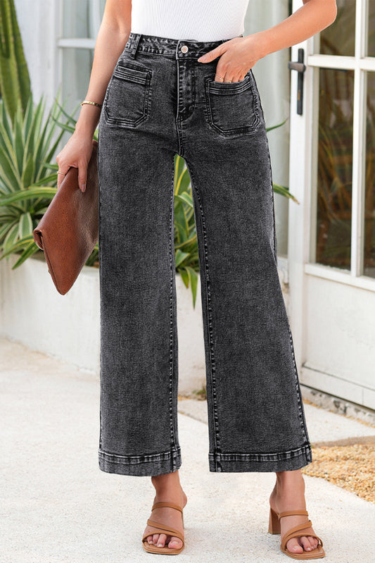 Black Chic Patch Pocket Straight Leg Loose Jeans (Extended Sizes)