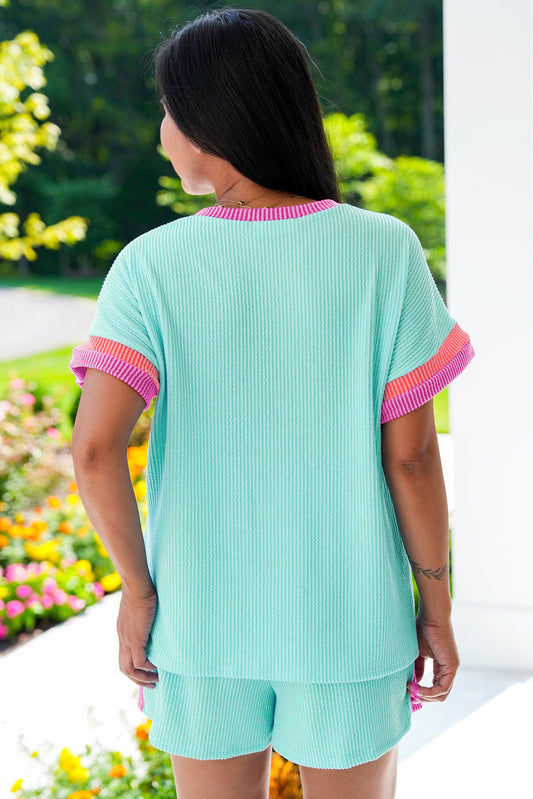 Light Blue Color Block Corded Knit Tee and Shorts Set