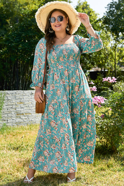 Green Floral Print Square Neck Smocked Maxi Dress
